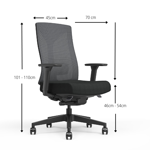 Dimensions - Ergonomic office chair with black mesh backrest, black frame, 3D Armrests and cushioned seat.